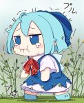  1girl absurdres blue_bow blue_dress blue_eyes blue_footwear blue_hair blush_stickers bow cirno closed_mouth collared_shirt crying crying_with_eyes_open dress fairy full_body fumo_(doll) hair_bow highres ice ice_wings kame_(kamepan44231) shirt shoes short_hair short_sleeves solo tears touhou white_shirt wings 