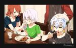  1boy 3girls ^_^ ahoge bad_id bad_twitter_id bandaged_arm bandages bell black_border black_shirt blonde_hair blue_shirt border chair closed_eyes commentary_request cup curry drinking_glass eating emiya_shirou fate/apocrypha fate/grand_order fate_(series) food fujimaru_ritsuka_(female) green_eyes green_shirt headpiece holding holding_spoon inactive_account indoors jack_the_ripper_(fate/apocrypha) jeanne_d&#039;arc_alter_santa_lily_(fate) kerorira long_hair looking_at_another multiple_girls open_mouth out_of_frame plate scar scar_across_eye scar_on_face shirt short_hair short_sleeves sitting smile spoon t-shirt table twitter_username upper_body water white_hair wiping_mouth 