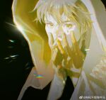  1boy black_background bright_pupils cloak fingernails ghost406 hands_on_own_face highres hood hooded_cloak klein_moretti looking_at_viewer lord_of_the_mysteries short_hair solo weibo_logo yellow_theme 