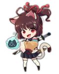  1girl :3 :d animal_ears asymmetrical_sleeves black_gloves black_skirt blue_fire blush brown_hair cat_ears cat_girl cat_tail chibi commentary_request crossed_arms detached_sleeves fang fire full_body gloves high_ponytail highres ichihime katana kotamika looking_at_viewer mahjong_soul mahjong_tile_hair_ornament medium_bangs mismatched_sleeves open_mouth pleated_skirt purple_shirt red_eyes red_rope rope shin_guards shirt short_hair short_ponytail simple_background skirt sleeveless sleeveless_shirt smile solo standing sword tail thigh-highs weapon white_background white_sleeves white_thighhighs yellow_sleeves 