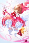  1girl :d absurdres antenna_hair bow brown_hair cardcaptor_sakura creature dress frills full_body fuuin_no_tsue glove_bow gloves green_eyes hair_intakes hat hat_bow highres holding holding_wand kero_(cardcaptor_sakura) kinjae kinomoto_sakura kinomoto_sakura_(magic_dream_costume) looking_at_viewer magical_girl mary_janes mob_cap open_mouth pink_bow pink_dress pink_hat pink_petals pink_ribbon puffy_sleeves red_footwear ribbon shoes short_hair smile thigh-highs wand white_gloves white_thighhighs white_wings wings 