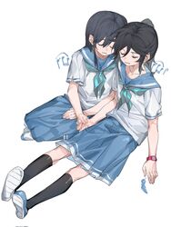  2girls beamed_eighth_notes black_hair black_socks blue_footwear blue_neckerchief blue_sailor_collar blue_skirt closed_eyes commentary feathers full_body hashtag-only_commentary heads_together hibike!_euphonium highres holding_hands kasaki_nozomi kitauji_high_school_uniform kneehighs liz_to_aoi_tori long_hair molu_stranger multiple_girls musical_note neckerchief open_mouth pleated_skirt ponytail sailor_collar school_uniform serafuku shirt short_sleeves simple_background sitting skirt smile socks watch watch white_background white_shirt yoroizuka_mizore yuri 