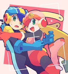 1boy 1girl black_bodysuit blonde_hair blue_bodysuit blue_helmet blush bodysuit border check_commentary commentary_request couple cowboy_shot green_eyes helmet hetero ishikoro1645 leotard long_hair looking_at_viewer medium_hair mega_man_(series) mega_man_battle_network_(series) megaman.exe netnavi one_eye_closed open_mouth pink_background pink_helmet pink_leotard roll.exe_(mega_man) spiky_hair tongue white_border 