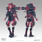  1girl apex_legends black_bodysuit black_footwear black_jacket black_lips bodysuit boots concept_art cyber_punked_wattson electronic_arts english_commentary grey_background highres hood hood_down hooded_jacket horns jacket logo mechanical_legs multiple_views official_alternate_costume official_art one_eye_covered production_art red_eyes redhead reference_sheet respawn_entertainment silver_choker smile wattson_(apex_legends) yang_niangniang 