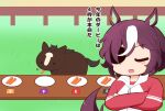  1girl :d animal animal_ears blush_stickers character_request chibi closed_eyes crossed_arms eating eyepatch facing_viewer food gomashio_(goma_feet) grass gym_shirt horse horse_ears horse_girl horse_tail jacket long_sleeves multicolored_hair plate purple_hair red_jacket shirt smile streaked_hair tail tanino_gimlet_(umamusume) track_jacket translation_request umamusume upper_body white_hair white_shirt 