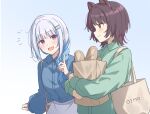  2girls animal_ears bag baguette blue_background blue_hair blue_shirt blush braid bread brown_bag brown_hair buttons carrying_bag collared_shirt commentary dog_ears ene_mizunoawa food french_braid green_shirt handbag highres inui_toko lize_helesta long_sleeves multicolored_hair multiple_girls nijisanji open_mouth paper_bag pointing pointing_up purple_skirt red_eyes shirt shirt_tucked_in simple_background skirt tote_bag two-tone_hair violet_eyes virtual_youtuber 
