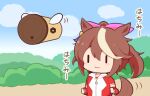  1girl :3 animal_ears blue_sky brown_hair chibi closed_mouth clouds commentary_request cup day disposable_cup gomashio_(goma_feet) gym_shirt hair_between_eyes hair_ribbon horse_ears horse_girl horse_tail insect_wings jacket long_hair multicolored_hair outdoors pink_ribbon ponytail red_jacket ribbon shirt sky solo streaked_hair tail tokai_teio_(umamusume) track_jacket translation_request umamusume upper_body white_hair white_shirt wings |_| 