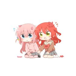  2girls :d autumn_leaves black_socks blue_eyes blush bocchi_the_rock! bow brown_shirt chibi cube_hair_ornament flying_sweatdrops gotoh_hitori grey_skirt hair_between_eyes hair_ornament holding_hands jacket kita_ikuyo leaf leaf_on_head long_hair maple_leaf multiple_girls one_side_up pants pants_under_skirt petals pink_hair pink_jacket pink_pants pleated_skirt rebecca_(keinelove) red_bow redhead sailor_collar school_uniform serafuku shirt simple_background skirt smile socks track_jacket track_pants track_suit very_long_hair white_background white_sailor_collar white_socks yellow_eyes 