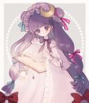  1girl blue_ribbon blush book closed_mouth crescent crescent_hat_ornament dress frilled_sleeves frills hair_ribbon hat hat_ornament long_hair long_sleeves mob_cap open_book patchouli_knowledge purple_hair purple_hat red_ribbon ribbon solo star_(symbol) touhou violet_eyes white_dress yujup 