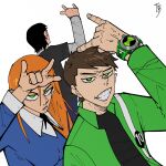  1girl 2boys ben_10 ben_10:_alien_force ben_tennyson black_hair brown_hair cousins green_eyes green_jacket gwen_tennyson highres jacket kevin_levin layered_sleeves long_hair long_sleeves multiple_boys omnitrix orange_hair short_hair short_over_long_sleeves short_sleeves sweater thatboy_studio 