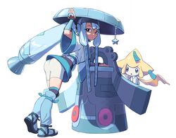  1girl absurdres adjusting_clothes adjusting_headwear arm_up ass bike_shorts blue_eyes blue_hair blue_hat blue_socks bronzong closed_mouth colored_skin dot_mouth from_behind hand_on_headwear hat hatsune_miku highres japanese_clothes jirachi kimono kneehighs leaning_forward leaning_on_animal long_hair long_sidelocks looking_at_viewer looking_back loose_socks low-tied_long_hair mark_under_both_eyes orisghost pokemon pokemon_(creature) project_voltage red_eyes sandals sandogasa short_kimono short_sleeves shorts socks star_(symbol) star_ornament steel_miku_(project_voltage) tanzaku twintails vocaloid white_kimono white_shorts white_skin wide_sleeves wrist_guards 