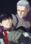  2boys anavel_gato black_hair bodysuit clenched_hand clenched_teeth commentary_request earth_federation foreshortening grey_bodysuit grey_eyes grey_hair gundam gundam_0083 hair_between_eyes hair_slicked_back kou_uraki male_focus multiple_boys normal_suit short_hair space star_(sky) teeth ususio_11 v-shaped_eyebrows white_bodysuit zeon 