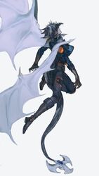  1boy black_footwear black_hair black_pants blue_eyes blue_jacket brown_gloves dragon_tail dragon_wings facing_away flying fudo_yusei fusion gloves highres jacket looking_to_the_side looking_up male_focus mokopuru open_clothes open_jacket outstretched_arms pants shoulder_plates spiky_hair stardust_dragon tail white_background wings yu-gi-oh! yu-gi-oh!_5d's 
