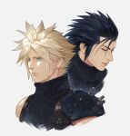  2boys armor black_hair blonde_hair blue_eyes closed_eyes closed_mouth cloud_strife cropped_torso earrings final_fantasy final_fantasy_vii final_fantasy_vii_rebirth final_fantasy_vii_remake grey_background hair_slicked_back hashtag-only_commentary highres jewelry lips male_focus multiple_boys parted_lips portrait ribbed_sweater rinbukyoku short_hair shoulder_armor simple_background single_bare_shoulder sleeveless sleeveless_turtleneck spiky_hair stud_earrings suspenders sweater turtleneck turtleneck_sweater upper_body zack_fair 