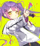  1girl abstract_background black_pants blush character_name earrings ememo hair_ornament hairclip highres holding holding_microphone hololive hood hoodie jacket jewelry microphone multicolored_hair open_clothes open_jacket pants pointing puffy_sleeves purple_hair single_earring solo tokoyami_towa twintails two-tone_hair virtual_youtuber white_hoodie yellow_background yellow_eyes 
