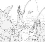  1girl 2boys absurdres ass bb_(baalbuddy) big_the_cat eve_(stellar_blade) fish fishing fishing_rod glasses greyscale highres holding holding_fishing_rod monochrome multiple_boys narukami_yuu over_shoulder persona persona_4 simple_background sonic_(series) stellar_blade sunglasses swimsuit white_background 