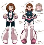  1girl armor armored_boots arrow_(symbol) back_brace blue_armor blue_bodysuit blush_stickers bodysuit boku_no_hero_academia boots breasts brown_eyes brown_hair clenched_hands concept_art crotch_plate english_commentary english_text fingerless_gloves gloves goggles hair_behind_ear highres large_breasts leg_armor looking_at_viewer medium_hair mto multicolored_armor multiple_views pink-tinted_eyewear pink_armor redesign reference_inset reference_sheet shoulder_armor smile superhero_costume tinted_eyewear uraraka_ochako white_armor 