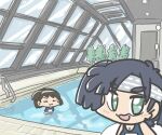  2girls :3 black_hair chibi closed_eyes commentary_request ferret-san green_eyes headband hiryuu_(kancolle) indoors kantai_collection multiple_girls one_side_up pool pool_ladder rei_no_pool short_hair smile souryuu_(kancolle) twintails upper_body water 