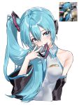  1girl absurdres alternate_hairstyle aqua_eyes aqua_hair aqua_nails black_sleeves collared_shirt detached_sleeves grey_shirt hand_up hatsune_miku highres long_hair looking_at_viewer mouth_hold one_side_up parted_lips photo-referenced photo_inset ribbon ribbon_in_mouth seeshin_see shirt side_ponytail simple_background sleeveless sleeveless_shirt solo unfinished very_long_hair vocaloid white_background wide_sleeves wing_collar 