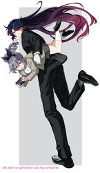  1boy 1girl :p bandaged_hand bandages black_footwear black_hair black_panties black_skirt black_vest blade_(honkai:_star_rail) carrying carrying_person carrying_under_arm closed_mouth collared_shirt drill_hair drill_ponytail earrings floating_hair full_body grey_eyes grey_hair hair_between_eyes hair_ribbon handheld_game_console holding holding_handheld_game_console honkai:_star_rail honkai_(series) jewelry kurashiki00 long_sleeves looking_back panties red_eyes ribbon shirt silver_wolf_(honkai:_star_rail) silver_wolf_(samsung)_(honkai:_star_rail) simple_background single_earring skirt socks tongue tongue_out underwear vest white_shirt white_socks 