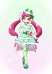  1girl blush bow closed_mouth dot_nose dress gloves gradient_background green_background green_bow green_dress green_footwear green_thighhighs hair_bow hair_ornament hairclip hand_on_own_hip highres hugtto!_precure itommy long_hair looking_at_viewer low_twintails magical_girl multicolored_background nono_kotori pink_background pink_bow pink_eyes pink_hair precure shoes short_dress smile solo sparkle straight-on tachi-e thigh-highs twintails unofficial_precure_costume waist_bow white_gloves 