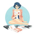  1girl absurdres arm_support barefoot bishoujo_senshi_sailor_moon blue_eyes blue_hair book collarbone commentary english_commentary feet full_body glasses highres holding holding_book looking_to_the_side mizuno_ami open_book open_clothes open_shirt pink_shirt shirt short_hair sitting solo toes yokozuwari yueliart 