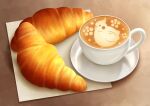  absurdres bread coffee croissant cup drink food food_focus highres laia_alkaloid latte_art napkin no_humans original saucer table teacup 