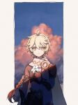  1boy aether_(genshin_impact) ahoge arm_armor armor black_pants blonde_hair blue_sky border braid brown_gloves brown_shirt cape closed_mouth clouds cloudy_sky earrings evening flower genshin_impact gloves gold_trim hair_between_eyes hair_ornament hair_ribbon hand_up highres holding holding_flower jewelry long_hair looking_at_viewer male_focus outdoors outside_border pants pink_clouds purple_ribbon ribbon scarf shadow shirt short_sleeves shoulder_armor single_earring sky solo star_(symbol) taikan_(caiye_7) white_border white_flower white_scarf yellow_cape yellow_eyes 