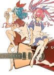  2girls apron blue_hair closed_mouth cup electric_guitar floating_hair green_eyes guitar hair_ribbon hand_on_own_chin highres holding holding_cup hot_drink instrument long_hair looking_ahead looking_at_object looking_to_the_side loose_thighhigh medium_hair mug multiple_girls no_shoes omega_rei omega_rio omega_sisters oversized_object pink_hair profile puffy_short_sleeves puffy_sleeves purple_ribbon purple_shirt purple_shorts red_shirt red_shorts ribbon riding shirt short_sleeves shorts siblings sisters sitting sitting_on_object smile steam tamo_(gaikogaigaiko) twintails virtual_youtuber white_apron white_background 