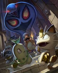  animal arbok brown_eyes brown_fur charmander chikorita closed_eyes colored_skin fangs fiery_tail fire fleeing forked_tongue giant_snake glowing glowing_eyes gold green_skin highres indoors leaf litwick looking_back mcgmark meowth no_humans open_mouth orange_skin oversized_animal plant pokemon pokemon_(creature) red_eyes signature skwovet snake stairs stone_stairs tail tongue tongue_out two-tone_fur vines zigzagoon 