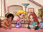  3girls agarjelipuding alex_(totally_spies) black_hair blonde_hair blue_eyes blue_shirt blush_stickers brown_eyes chibi clover_(totally_spies) computer couch english_commentary green_eyes green_shorts headphones highres indoors long_hair multiple_girls on_couch orange_hair pajamas pink_shirt plant potted_plant sam_(totally_spies) shirt short_hair shorts t-shirt totally_spies 