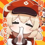  1girl ahoge blonde_hair blush brown_gloves cabbie_hat closed_eyes closed_mouth clover_print coat commentary_request eating food genshin_impact gloves hair_between_eyes hands_up hat hat_feather highres holding holding_food klee_(genshin_impact) kogamo_(user_vajm2737) long_sleeves low_twintails medium_hair mochi mochi_trail orange_background outline pointy_ears raised_eyebrows red_coat red_hat sidelocks simple_background solo sunburst sunburst_background translation_request twintails two-tone_background upper_body white_outline yellow_background 