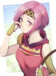  1girl 1inuinuinui1 asymmetrical_gloves bare_shoulders bow_(weapon) breasts fingerless_gloves fire_emblem fire_emblem:_the_sacred_stones gloves headband highres holding holding_bow_(weapon) holding_weapon looking_at_viewer medium_breasts neimi_(fire_emblem) pink_eyes pink_hair short_hair weapon 