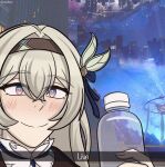  1girl black_hairband blush bottle city commentary firefly_(honkai:_star_rail) grey_hair hair_between_eyes hairband highres holding holding_bottle honkai:_star_rail honkai_(series) long_hair looking_at_viewer nebulimes outdoors smile solo violet_eyes 