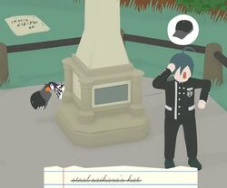  1boy ahoge animalization bird black_footwear black_jacket black_pants breast_pocket buttons crossover danganronpa_(series) danganronpa_v3:_killing_harmony double-breasted english_text goose grass hand_up hat jacket kmnm_1403 long_sleeves mouth_hold oma_kokichi pants pocket saihara_shuichi shoes short_hair standing theft untitled_goose_game unworn_hat unworn_headwear 