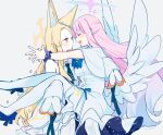  2girls angel_wings animal_ear_fluff animal_ears bare_shoulders blonde_hair blue_archive capelet closed_eyes closed_mouth detached_sleeves dress extra_ears feathered_wings fox_ears halo long_hair mika_(blue_archive) multiple_girls open_mouth pantyhose pink_hair pink_halo seia_(blue_archive) sleeves_past_fingers sleeves_past_wrists smile striped_clothes striped_pantyhose vertical-striped_clothes vertical-striped_pantyhose white_capelet white_dress white_pantyhose white_sleeves white_wings wings yellow_eyes yellow_halo yun_(dust-i1) 