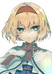  1girl alice_margatroid blonde_hair blue_shirt capelet frilled_ribbon frills hair_between_eyes hairband highres kinese_(katasutorohu) lips looking_at_viewer neck_ribbon red_hairband red_ribbon ribbon shirt short_hair simple_background solo touhou upper_body white_background white_capelet 