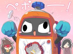  1boy 1girl 6_9 black_eyes black_hair blue_gloves blush_stickers brown_hair chibi chibi_inset commentary_request gloves green_eyes hair_over_one_eye heybot! heybot_(character) lets0020 nejiru_nejiiru object_through_head open_mouth pink_background robot screw_in_head short_hair smile upper_body vocamente_yuuko 