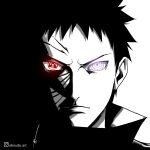  1boy aboude_art artist_name black_hair closed_mouth commentary instagram_logo instagram_username limited_palette looking_at_viewer male_focus mangekyou_sharingan naruto_(series) naruto_shippuuden red_eyes rinnegan sharingan short_hair signature solo spot_color uchiha_obito violet_eyes 