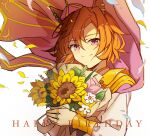  1girl animal_ears birthday bouquet cape crown ear_piercing flower gu_da_gu hair_between_eyes happy_birthday highres holding holding_bouquet holding_flower horse_ears horse_girl jewelry long_sleeves looking_at_viewer mini_crown orange_hair petals piercing pink_cape ring shirt short_hair smile solo sunflower t.m._opera_o_(umamusume) umamusume violet_eyes white_background 