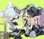  2girls bare_shoulders between_legs black_dress black_gloves black_hair black_pantyhose bow-shaped_hair breasts callie_(splatoon) closed_mouth cousins cross-shaped_pupils d: dress food food_on_head gloves green_background grey_hair grey_pantyhose hand_between_legs hand_up indian_style inkling jewelry koike3582 long_hair marie_(splatoon) medium_breasts mole mole_under_eye multiple_girls neck_ring object_on_head pantyhose short_hair sitting smile splatoon_(series) splatoon_3 strapless strapless_dress symbol-shaped_pupils tentacle_hair very_long_hair wariza yellow_eyes 