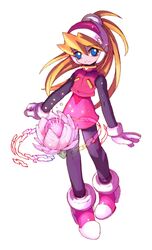  1girl absurdres archived_source black_bodysuit blonde_hair blue_eyes bodysuit bodysuit_under_clothes ciel_(mega_man) flower full_body helmet high-waist_skirt high_heels high_ponytail highres long_hair looking_at_viewer mega_man_(series) mega_man_zero_(series) mega_man_zero_4 nakayama_tooru official_art pink_footwear pink_helmet pink_shirt pink_skirt shirt skirt smile solo 