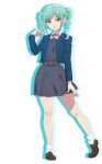  1girl :o aqua_hair arm_at_side blazer blue_jacket braid brown_footwear collared_shirt dress drop_shadow full_body grey_dress hand_in_own_hair jacket loafers long_hair long_sleeves looking_at_viewer loose_socks love_live! love_live!_superstar!! neck_ribbon official_art onitsuka_tomari open_clothes open_jacket parted_bangs parted_lips pinafore_dress red_eyes red_ribbon ribbon school_uniform shirt shoes short_dress sidelocks sleeveless sleeveless_dress socks solo standing transparent_background twin_braids twintails white_shirt white_socks winter_uniform yuigaoka_school_uniform 
