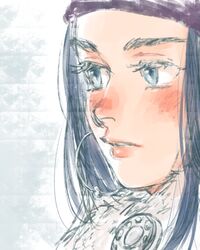  1girl asirpa blue_eyes blue_hair blush cloak close-up commentary_request earrings eyelashes golden_kamuy headband highres hituji_yerm hoop_earrings jewelry long_hair looking_ahead nose_blush parted_lips purple_headband simple_background solo 