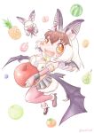 1girl absurdres animal animal_ears bat_(animal) bat_ears bat_girl bat_wings brown_eyes brown_hair brown_long-eared_bat_(kemono_friends) elbow_gloves extra_ears fingerless_gloves food fruit glasses gloves grey_hair highres kemono_friends kemono_friends_v_project leotard long_hair looking_at_viewer microphone pantyhose poporu_(kemono_friends) saival_cat shoes simple_background skirt virtual_youtuber wings 