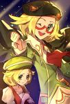 1girl ;d ascot beret bianca_(champion)_(pokemon) bianca_(pokemon) blonde_hair clenched_hand closed_mouth commentary_request eyelashes green_eyes green_hat hand_up hat highres looking_at_viewer multiple_views natupath_summer one_eye_closed open_mouth pokemon pokemon_bw pokemon_masters_ex red-framed_eyewear red_ascot semi-rimless_eyewear short_hair smile sparkle teeth upper_teeth_only 