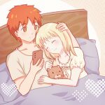  1boy 1girl absurdres artoria_pendragon_(fate) bed blonde_hair closed_eyes closed_mouth commentary_request couple emiya_shirou fate/stay_night fate_(series) hand_on_another&#039;s_head headboard heart highres holding holding_phone indoors kisaragi_kaede light_smile orange_hair phone pillow saber_(fate) stuffed_animal stuffed_lion stuffed_toy 