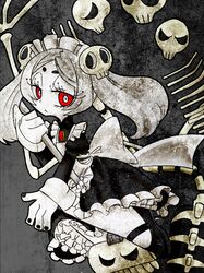  1girl apron black_nails bloody_marie_(skullgirls) bone bow commentary_request duplicate eyelashes frills maid_apron maid_headdress mary_janes nail_polish nonana_(mikudrop) pantyhose pixel-perfect_duplicate red_eyes shoes skirt skull skullgirls solo twintails vacuum_cleaner white_hair white_pantyhose 