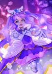  1girl aqua_eyes boots brooch cure_majesty detached_sleeves dress elbow_gloves ellee-chan frilled_thighhighs frills gloves hair_ornament half-closed_eyes half-dress highres hirogaru_sky!_precure jewelry layered_skirt long_hair looking_at_viewer magical_girl manekineko5319 medium_dress miniskirt open_mouth precure puffy_detached_sleeves puffy_sleeves purple_dress purple_hair purple_skirt purple_sky reaching reaching_towards_viewer skirt sky sleeveless sleeveless_dress smile solo sparkle standing thigh-highs two_side_up very_long_hair white_footwear white_gloves wing_brooch wing_hair_ornament 