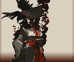  1girl april_addaline bird black_hair black_kimono blade_sight bow character_request choker crow hat highres japanese_clothes kimono long_hair pixel_art red_bow red_choker smoke solo 